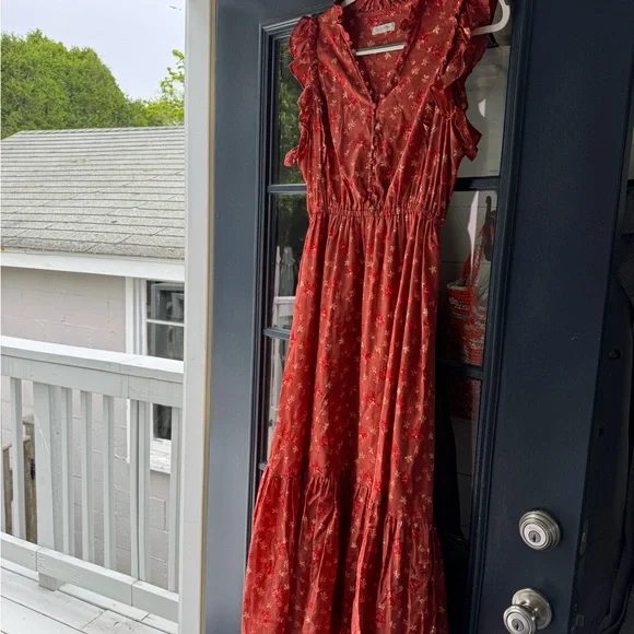 Outerknown Red Smocked Maxi Dress V-Neck Flutter Sleeve - Picture 1 of 4